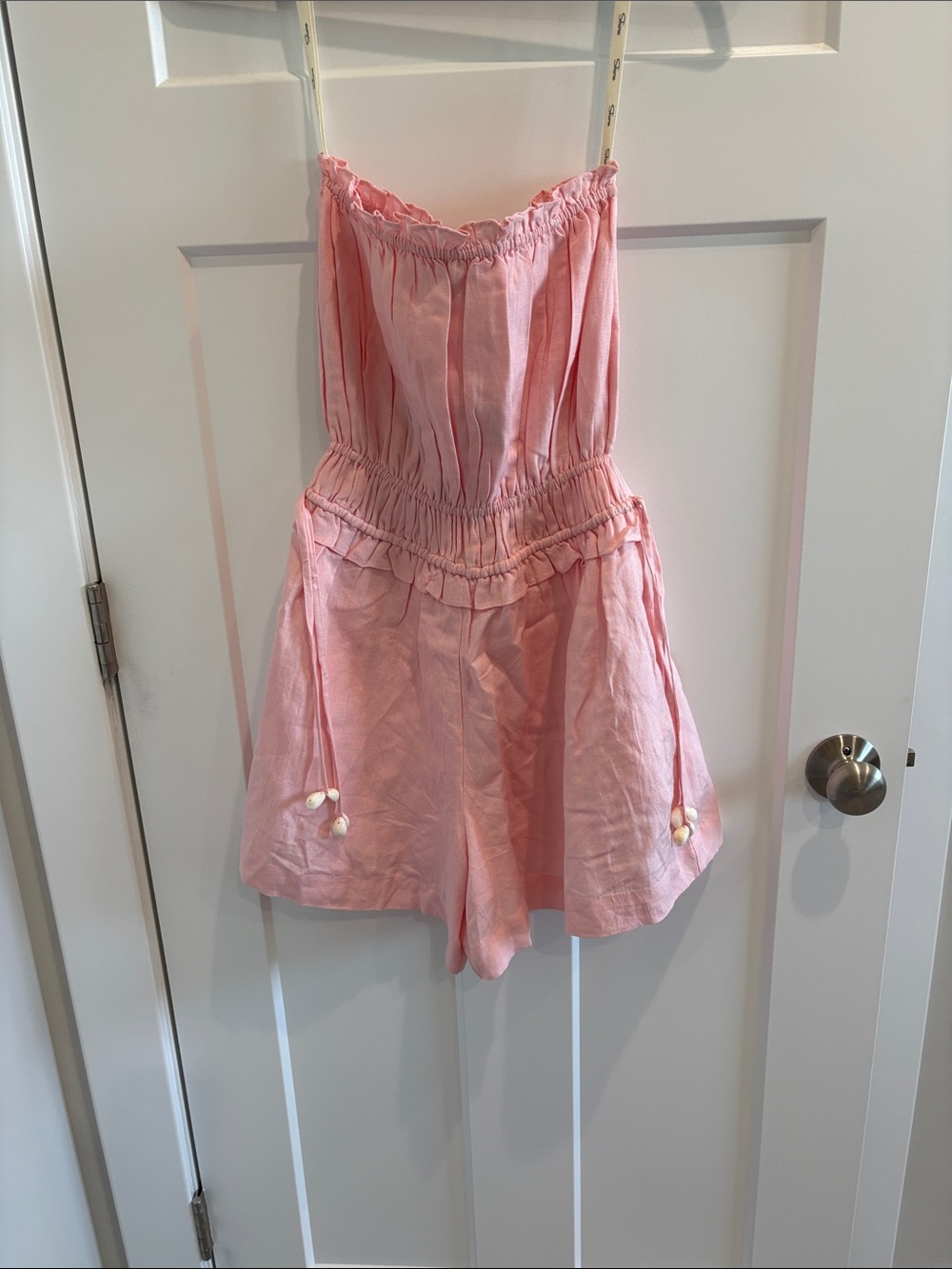 Strapless Pink Linen-Blend Romper with Drawstring Waist